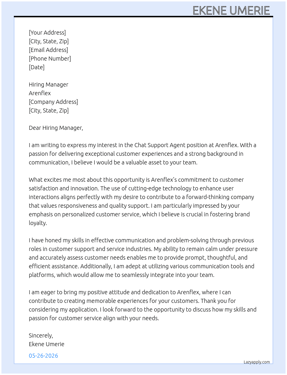 Chat Support Agent At Arenflex Cover Letter