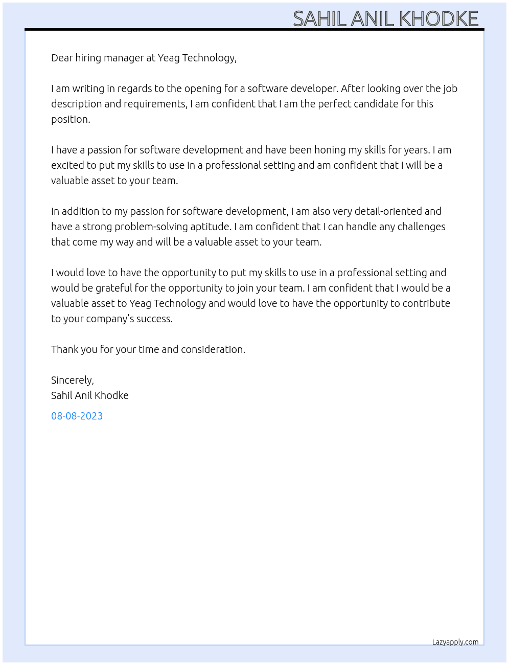 Software developer  At Yeag Technology  Cover Letter
