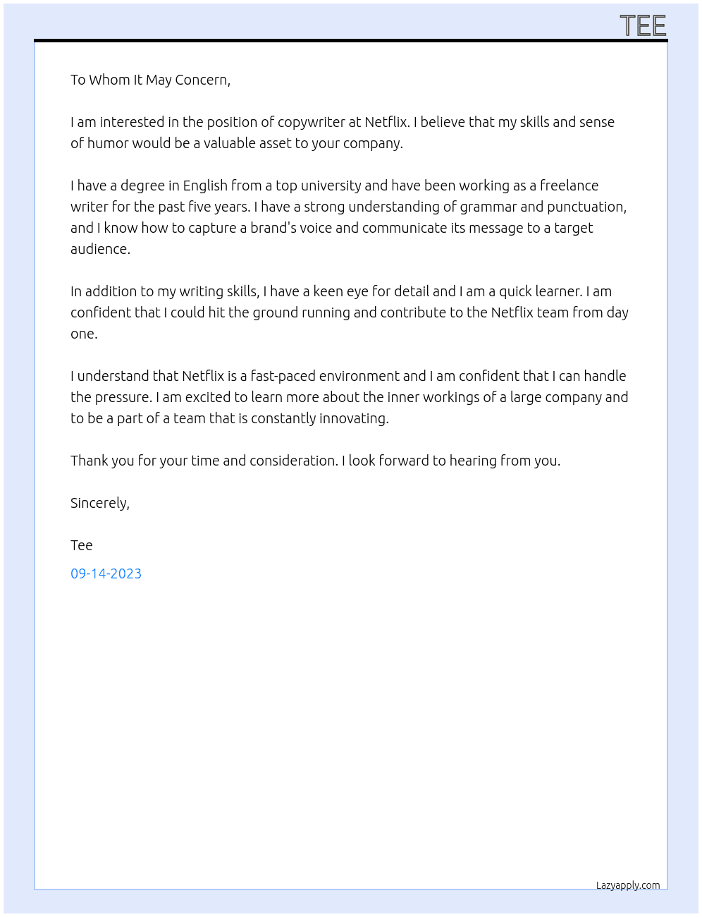 Copywriter At Netflix Cover Letter