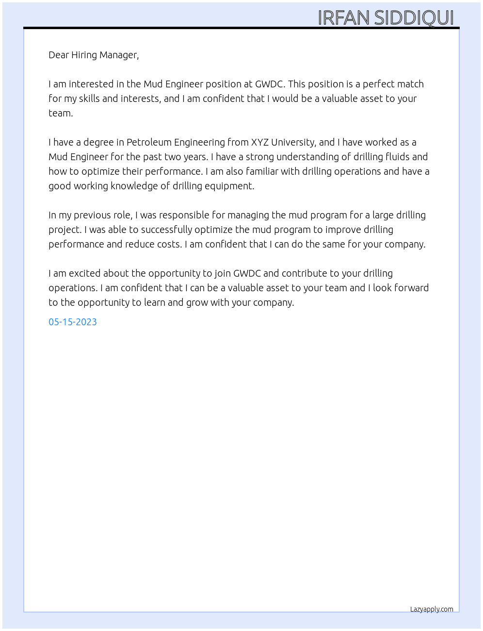 Mud Engineer  At GWDC Cover Letter