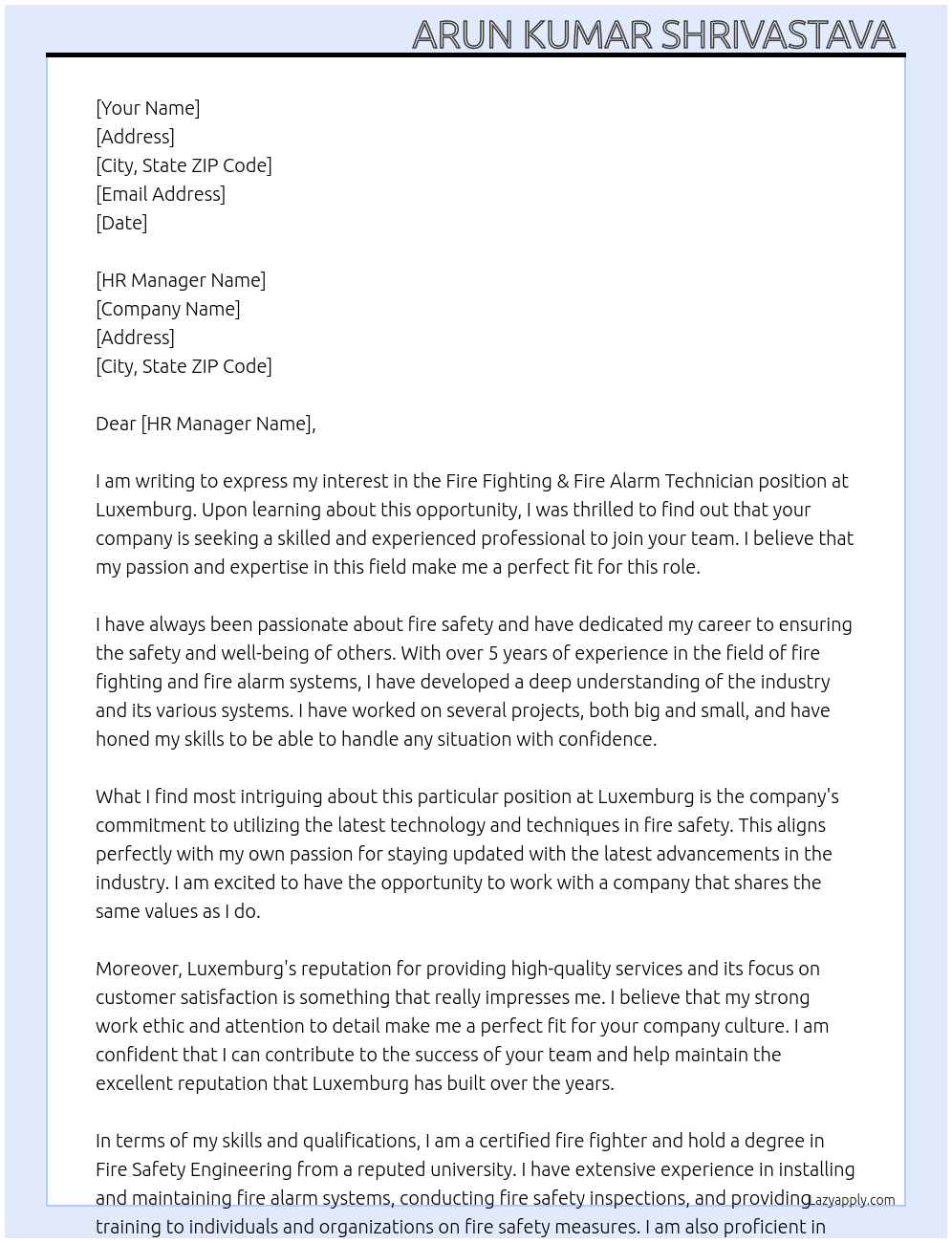 fire fighting & fire alarm technician  At Luxemburg  Cover Letter