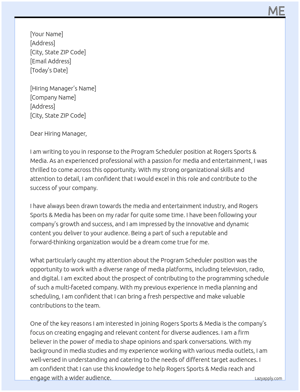 Program Scheduler At Rogers Sports & Media Cover Letter