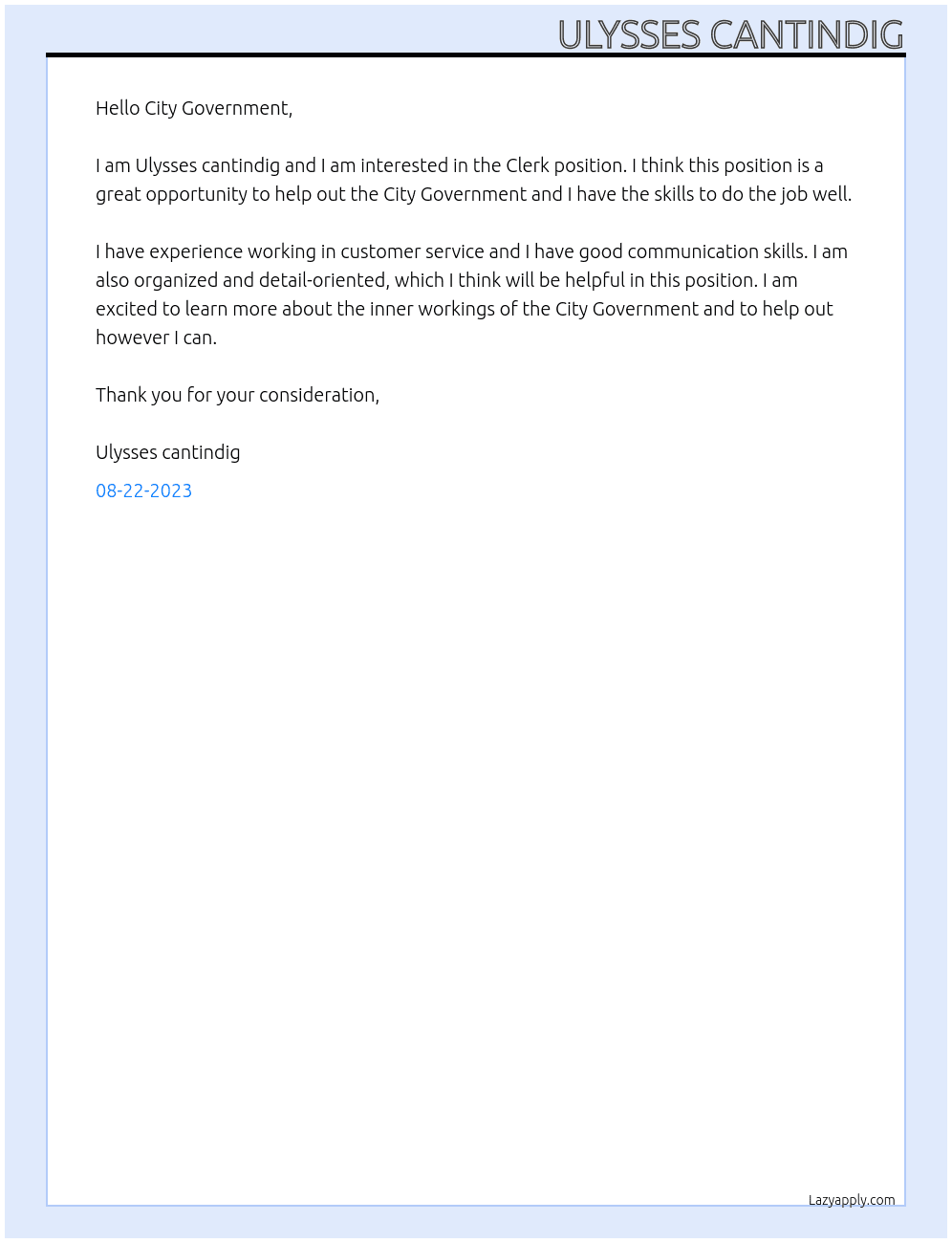 Clerk At City Government Cover Letter