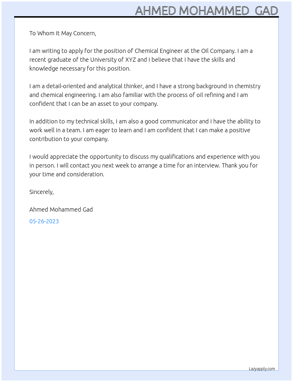 Chemical Engineer At Oil Company Cover Letter