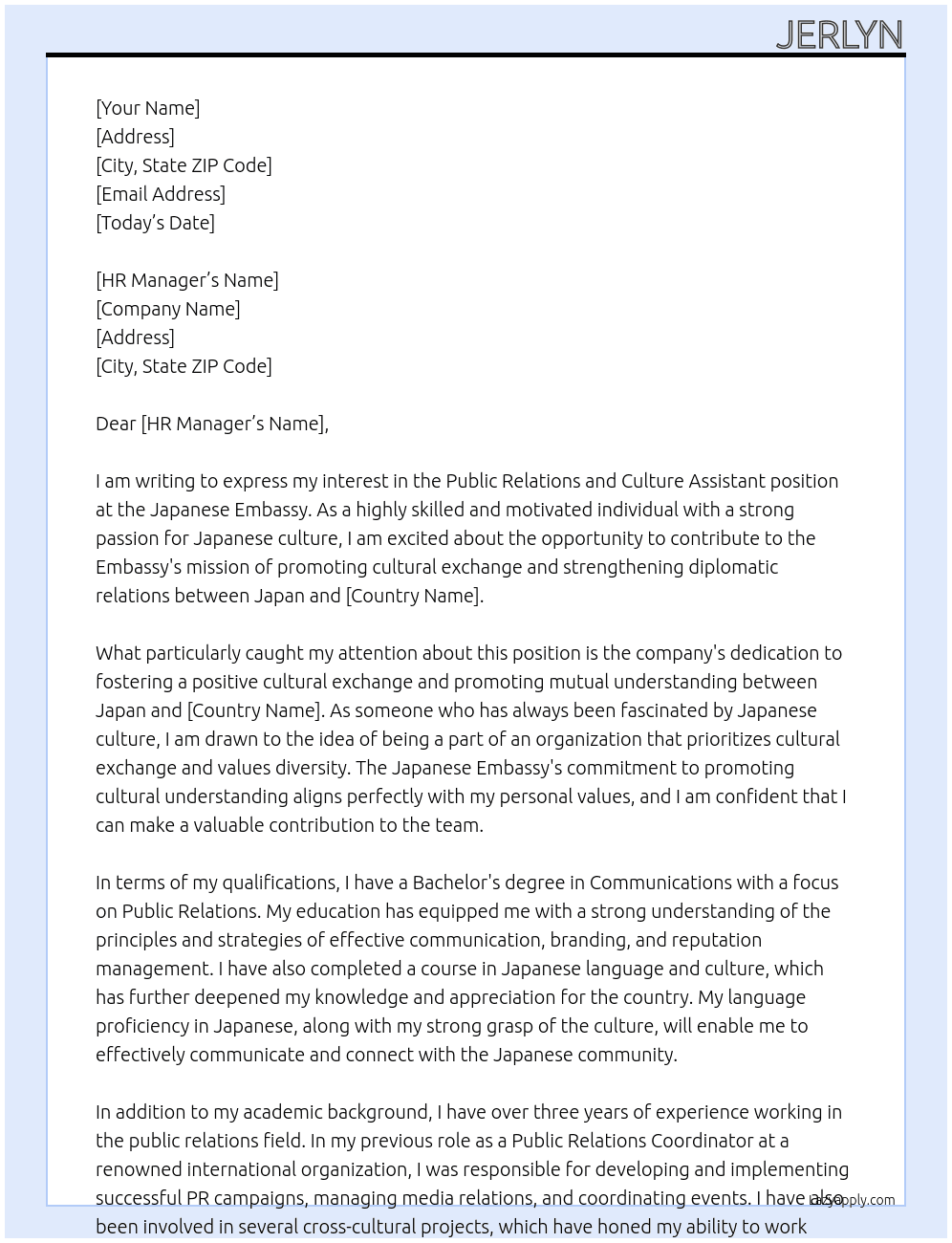 Public relations and culture assistant  At Japanese Embassy  Cover Letter