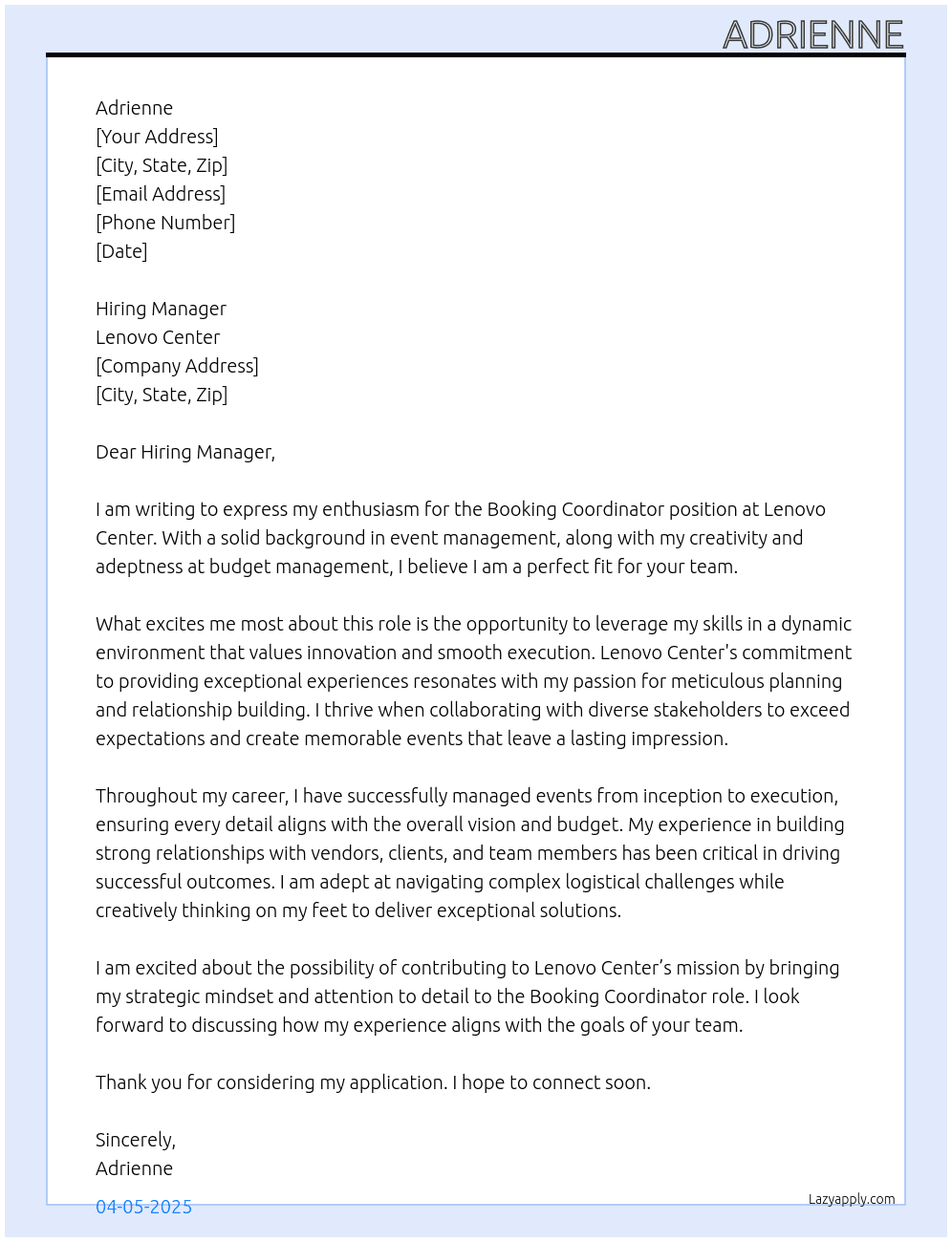 Cover letter for booking coordinator - LazyApply