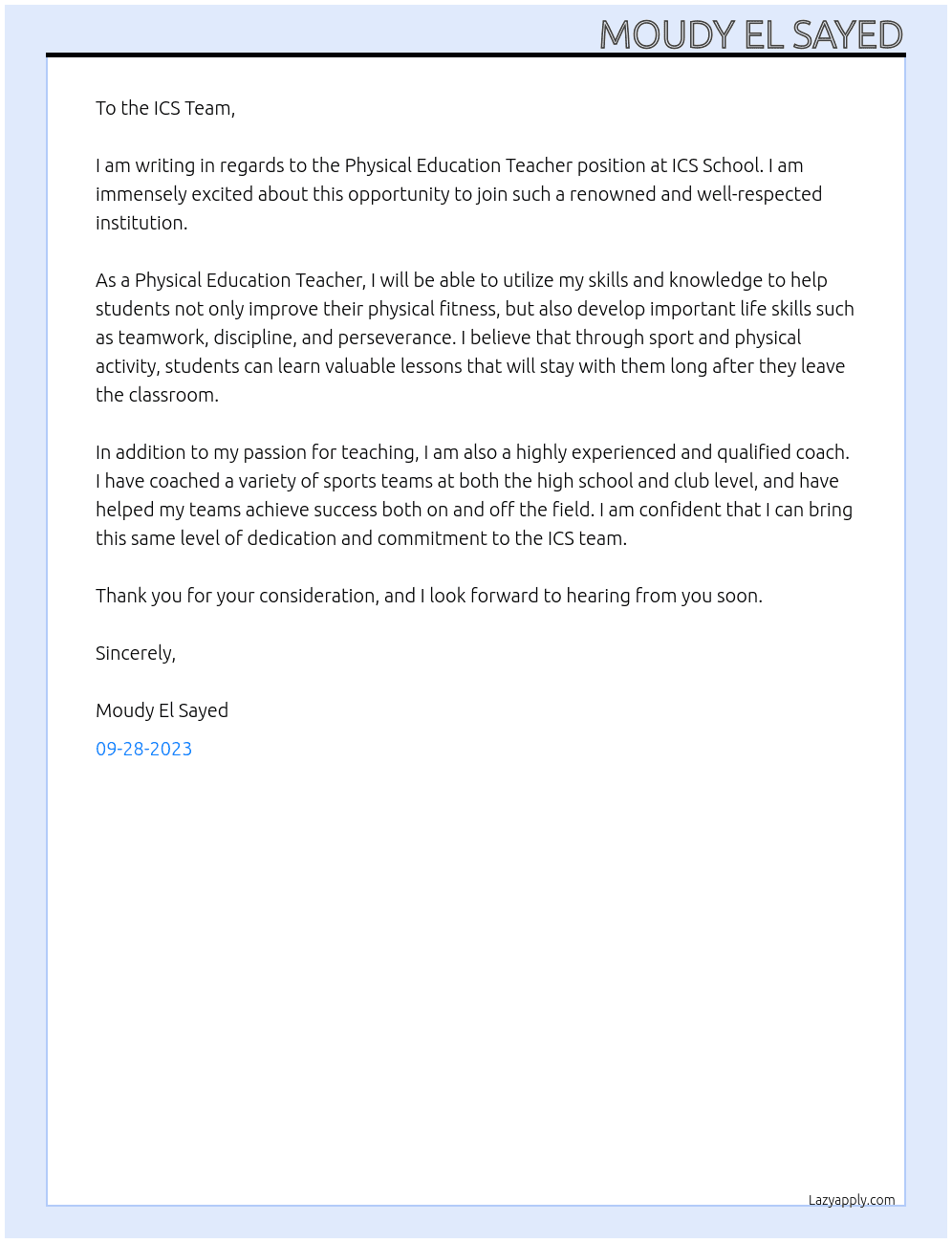 PE Teacher At ICS School  Cover Letter