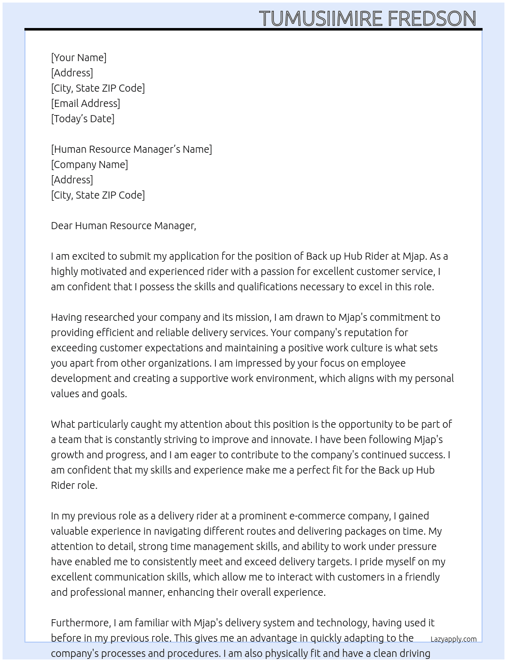 Back up hub Rider  At Mjap Cover Letter