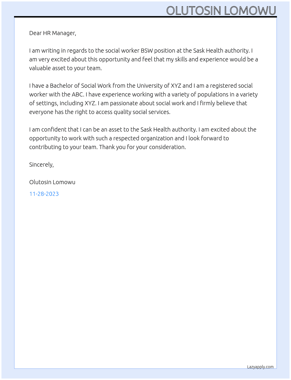 Social worker BSW At Sask Health authority Cover Letter