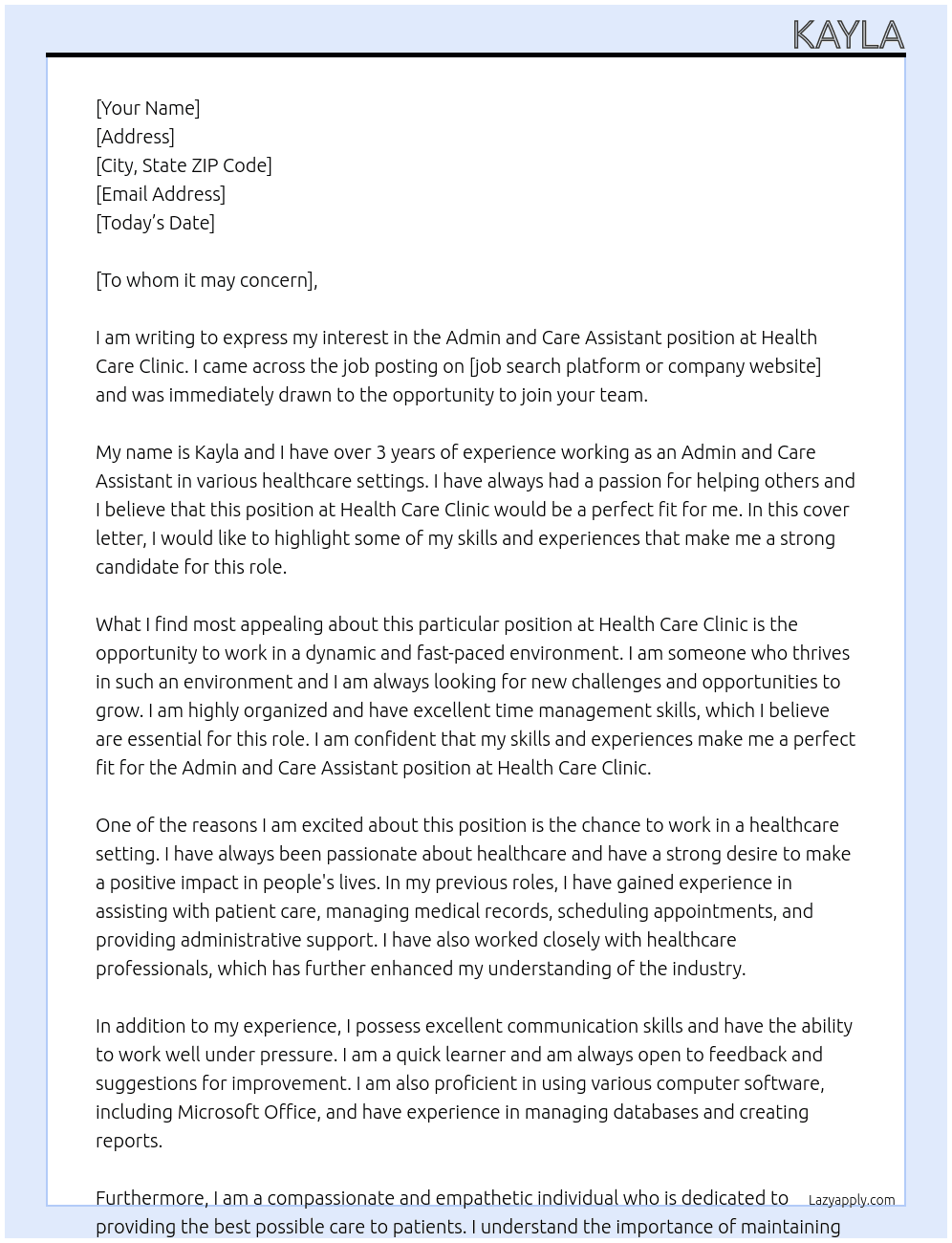 Admin and care assistant  At Health care clinic  Cover Letter