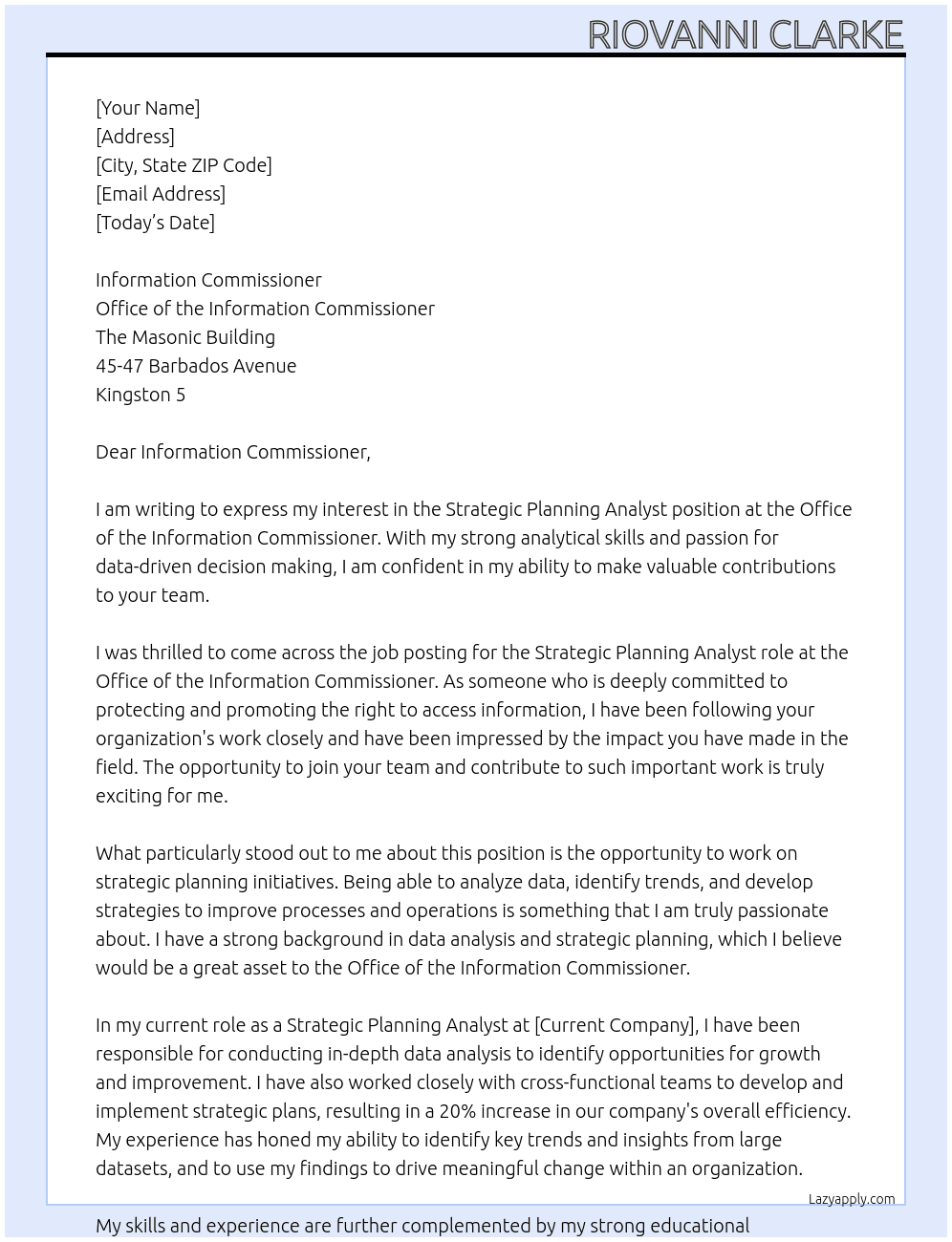 Strategic Planning Analyst At e Office of the Information Commissioner Cover Letter