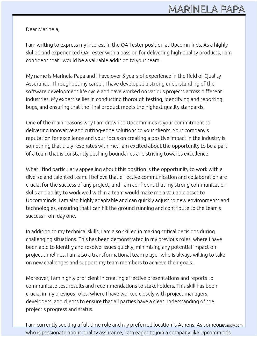 QA TESTER At Upcomminds Cover Letter