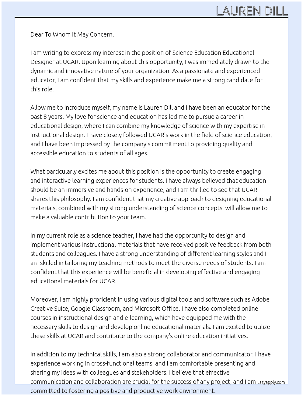 Science Education Educational Designer At UCAR Cover Letter
