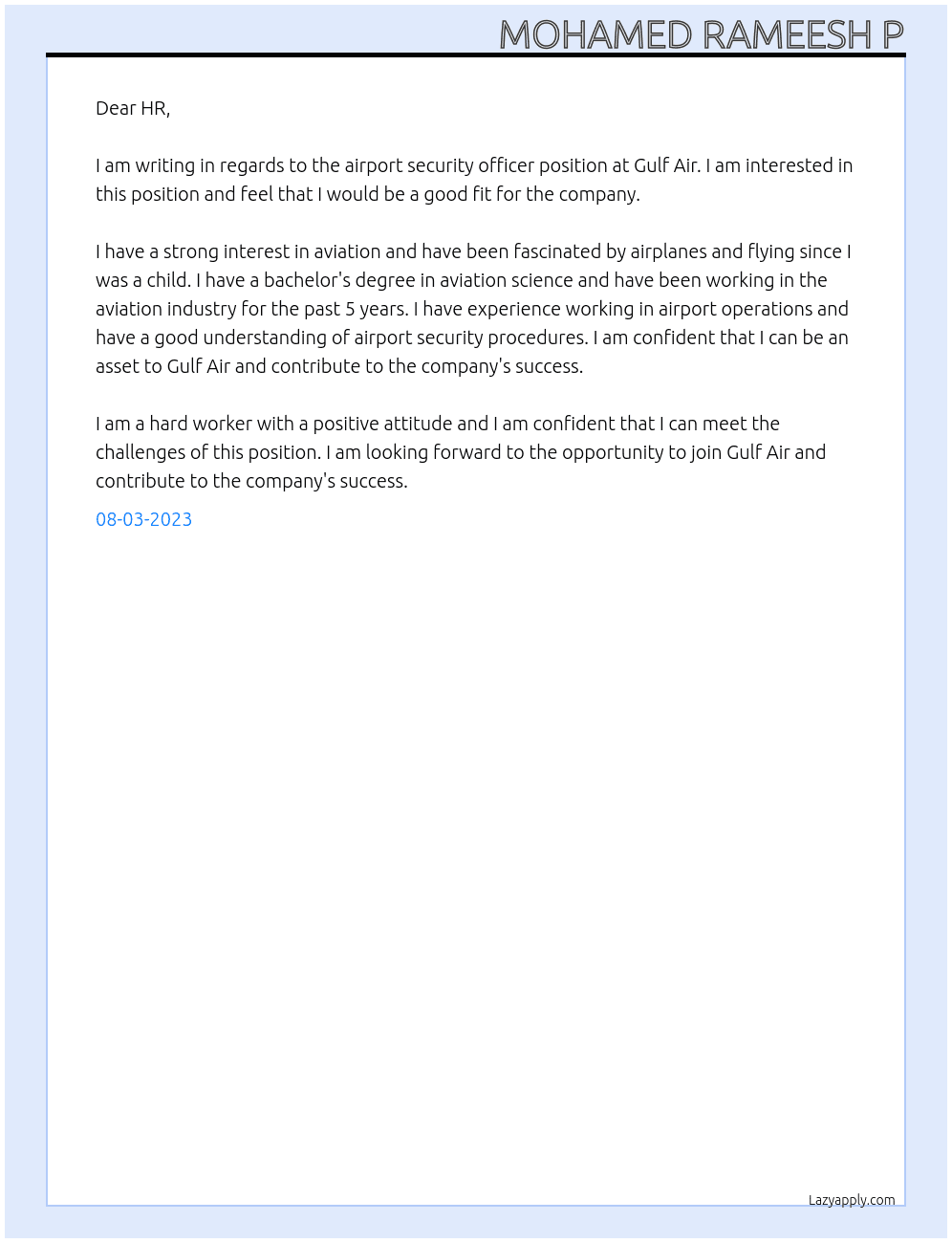 Airport security office At Gulf Air Cover Letter