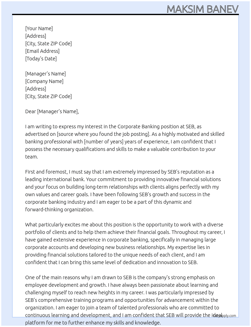 corporate banking  At SEB Cover Letter
