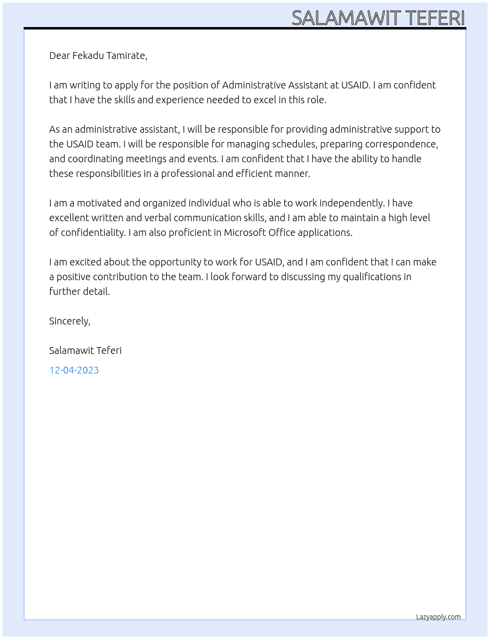 Administrative Assistance At USAID Cover Letter