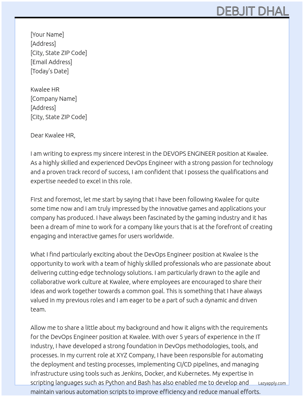 DEVOPS ENGINEER At 	 Kwalee Cover Letter