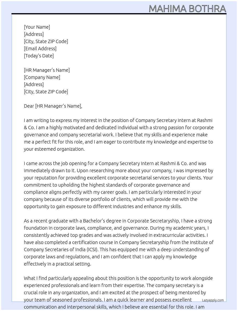 Company secretary intern At Rashmi & Co. Cover Letter