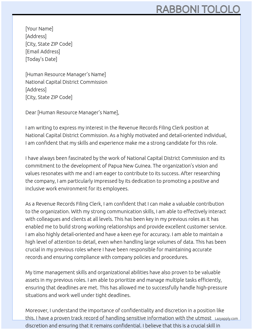 Revenue Records Filing Clerk At National Capital District Commission  Cover Letter