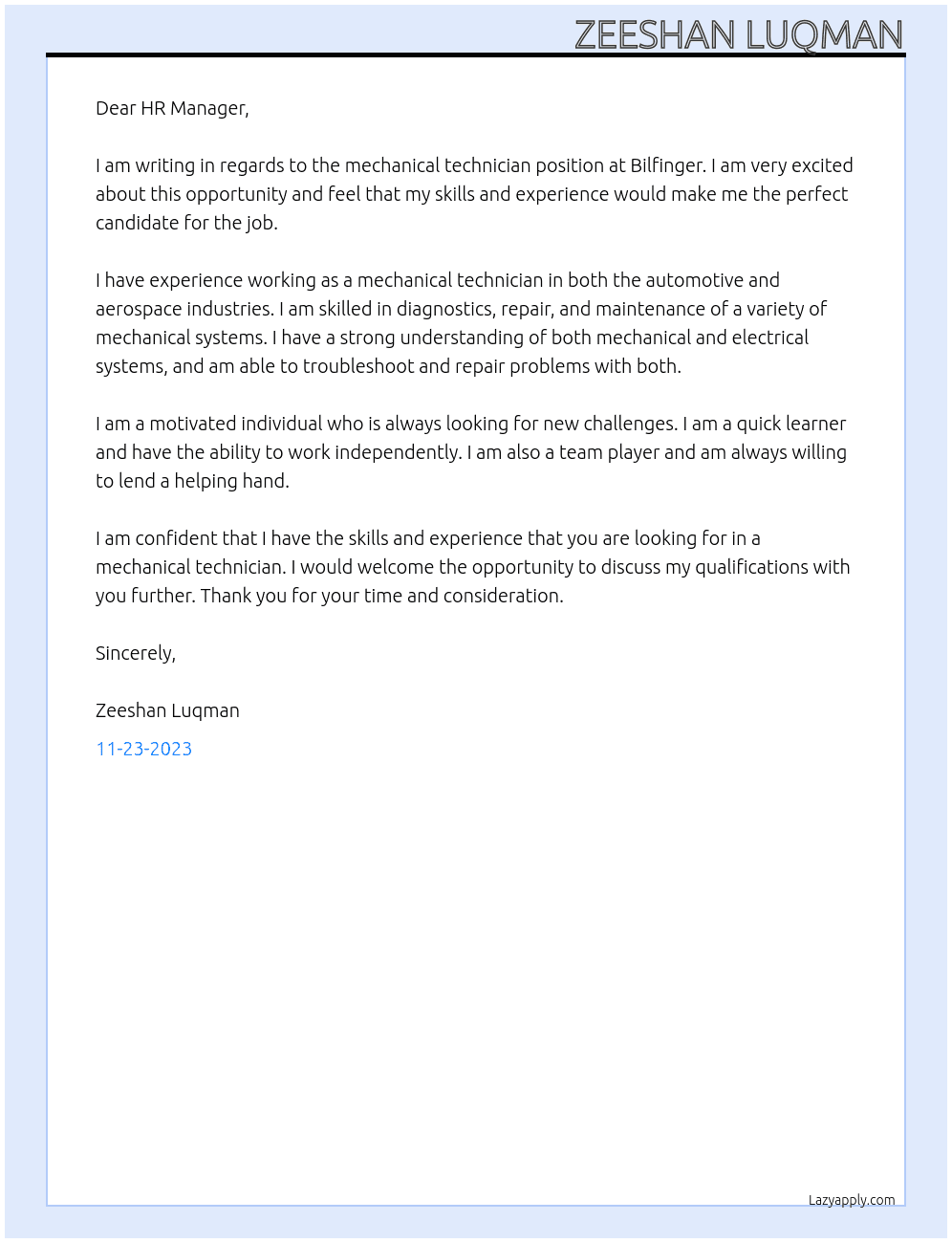 mechanical technician At Bilfinger Cover Letter