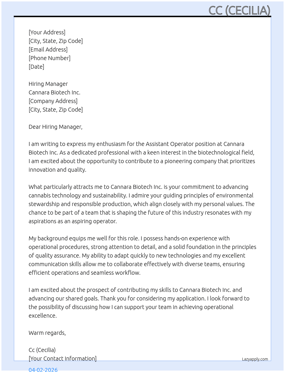 Assistant operator At Cannara Biotech Inc. Cover Letter