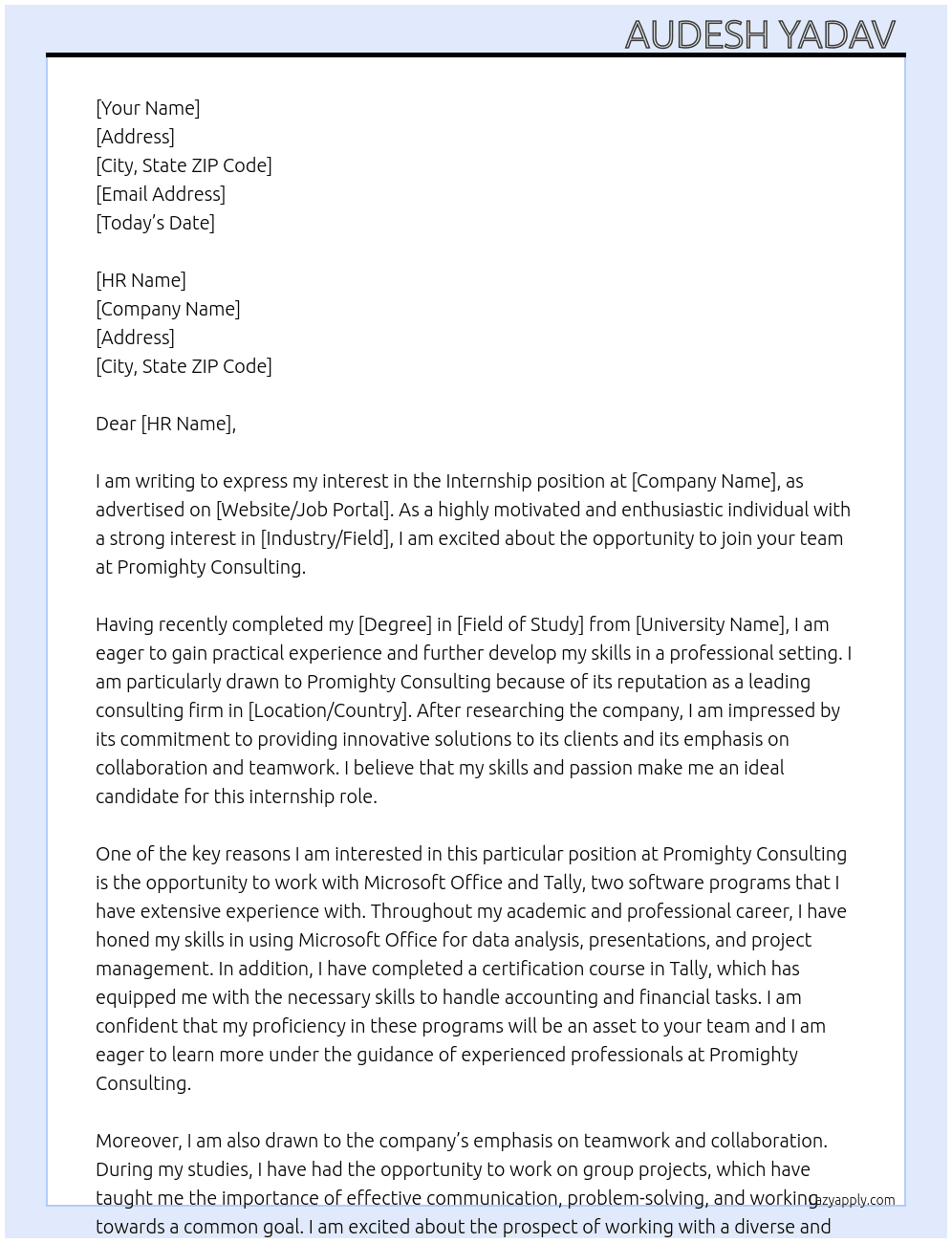 Internship  At Promighty consultanting  Cover Letter