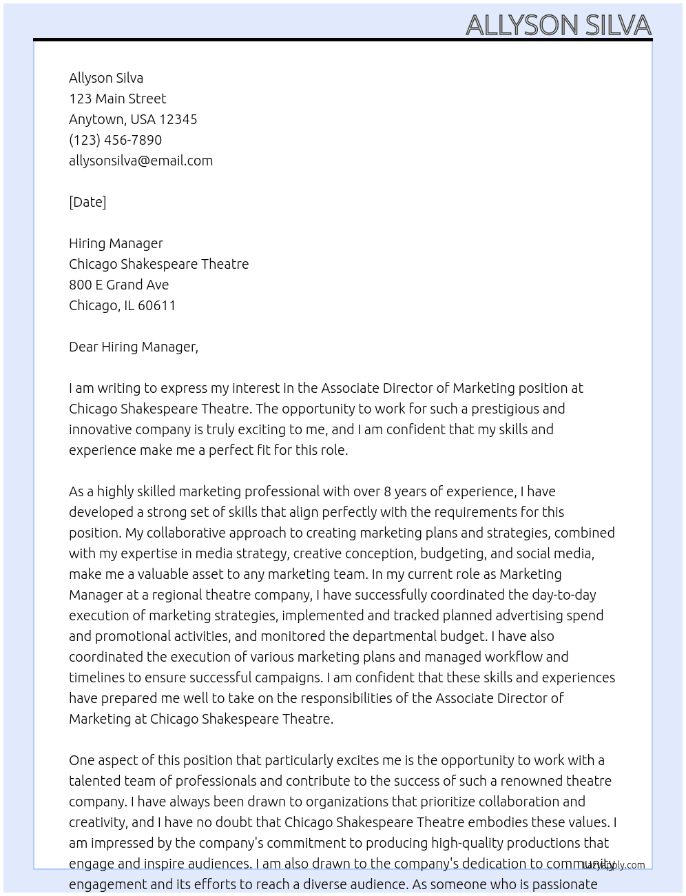 Associate Director of Marketing At Chicago Shakespeare Theatre Cover Letter
