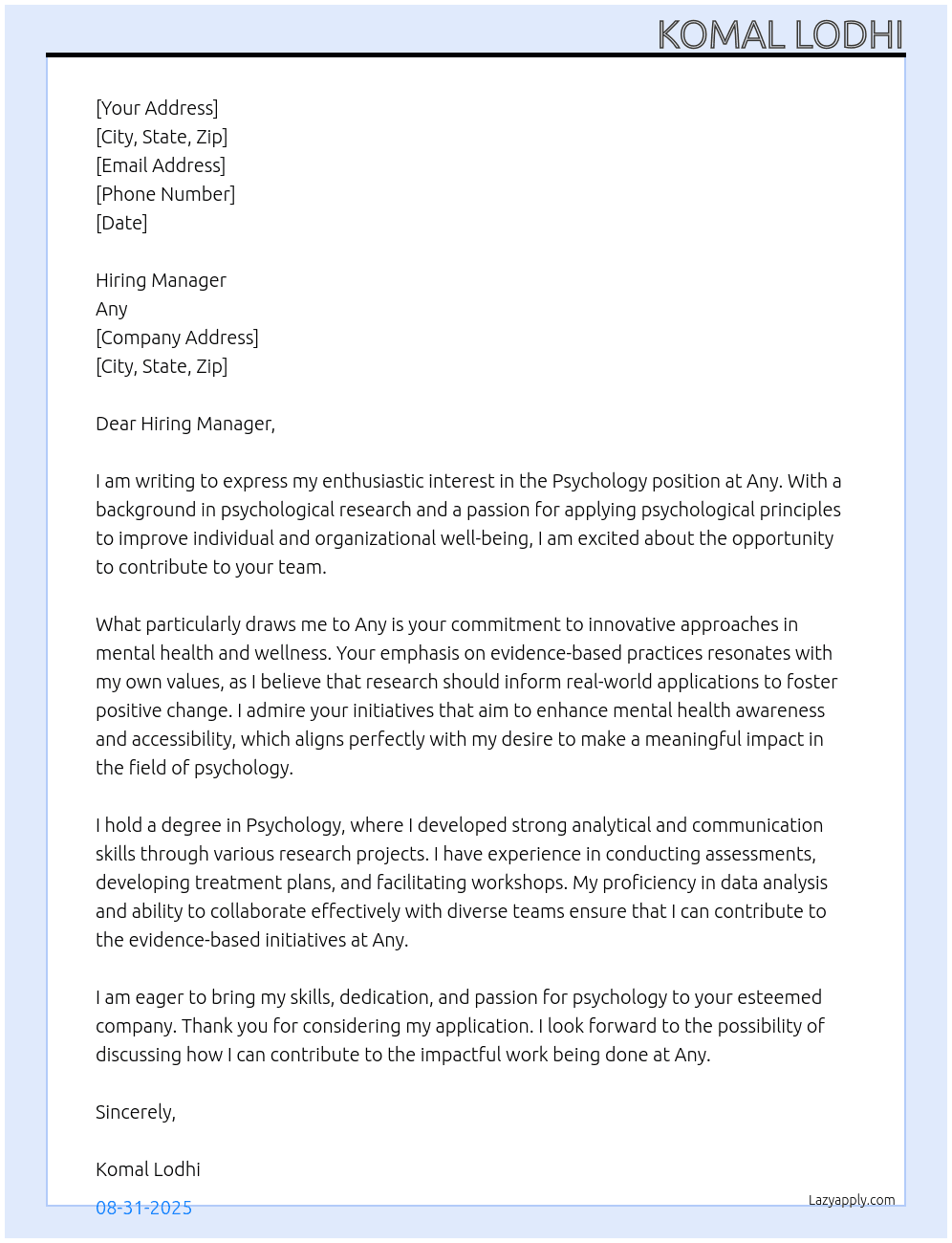 Psychology At Any Cover Letter