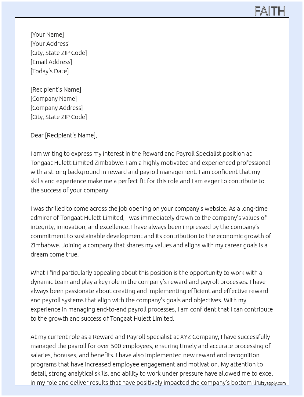 Reward and payroll specialist  At Tongaat Hulett Limited Zimbabwe  Cover Letter