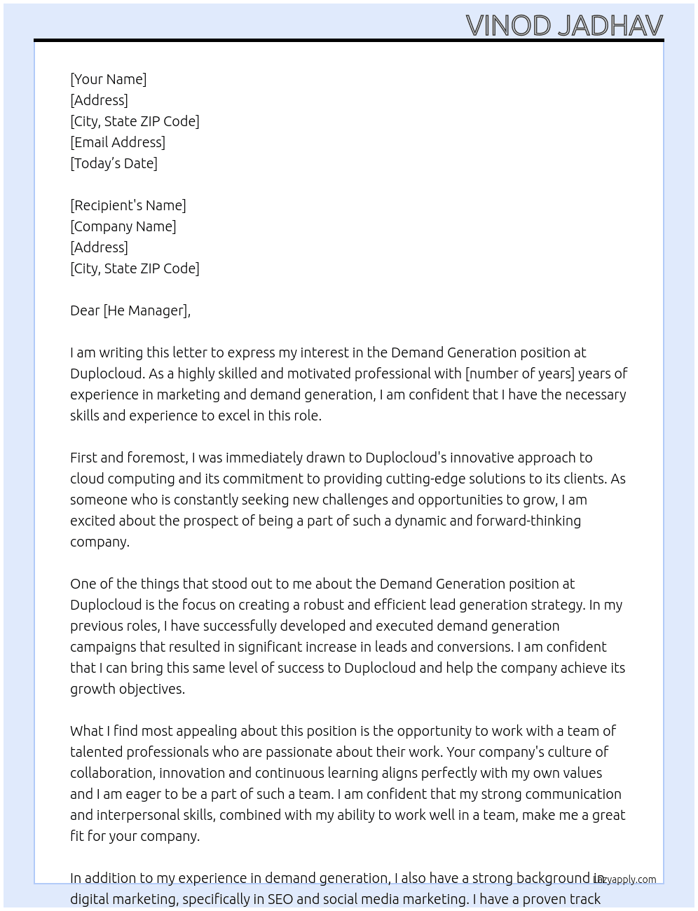 Demand generation  At Duplocloud  Cover Letter