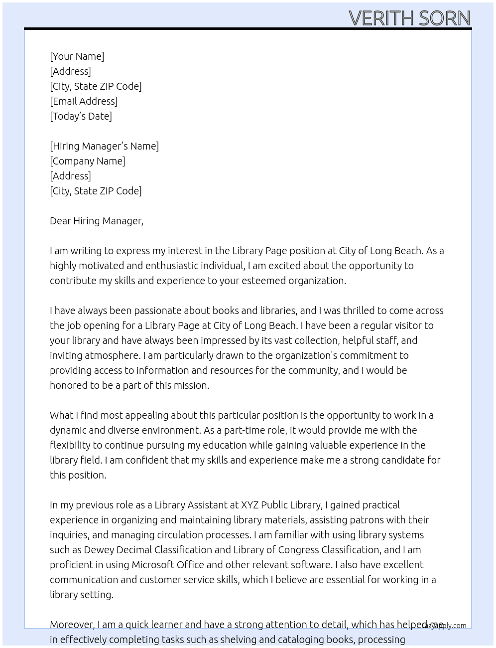 Library Page At City of Long Beach Cover Letter