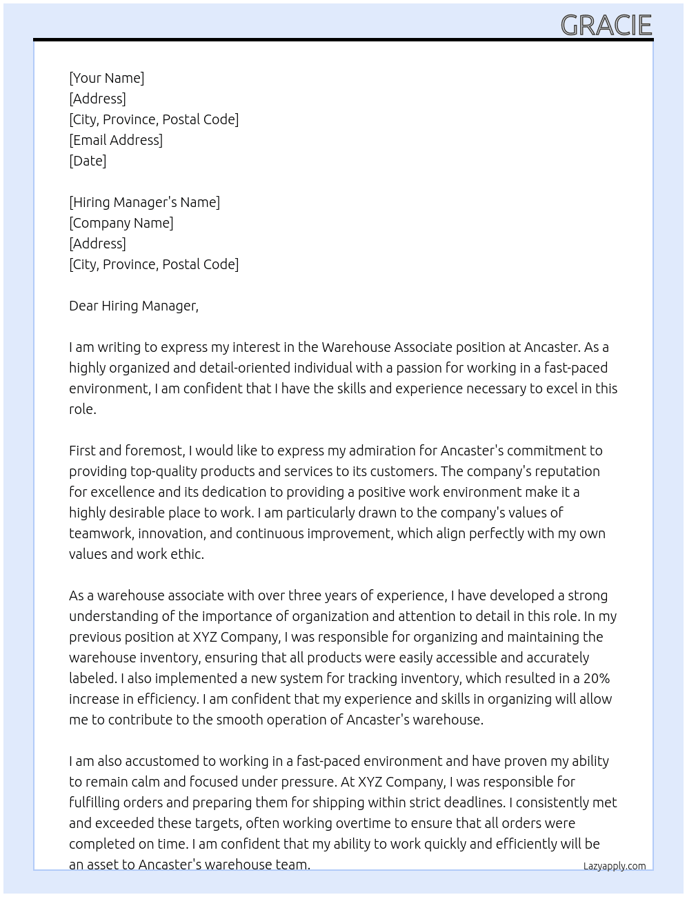 Warehouse Associate At Ancaster Cover Letter