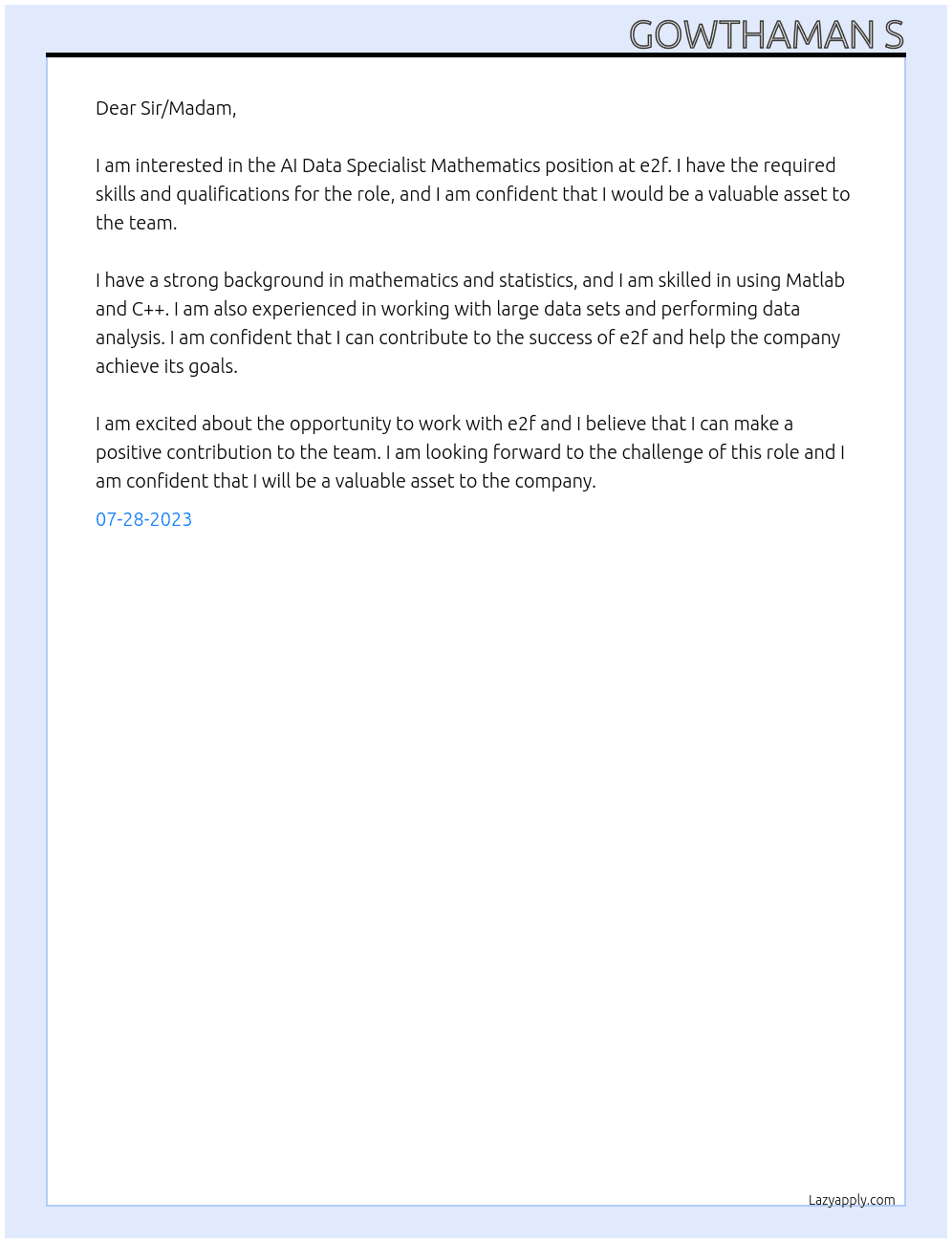 AI Data Specialist Mathematics At e2f Cover Letter
