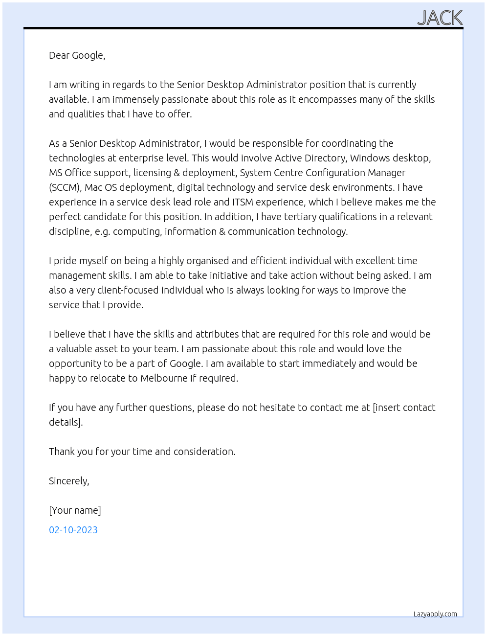 Cover letter for senior desktop administrator - LazyApply