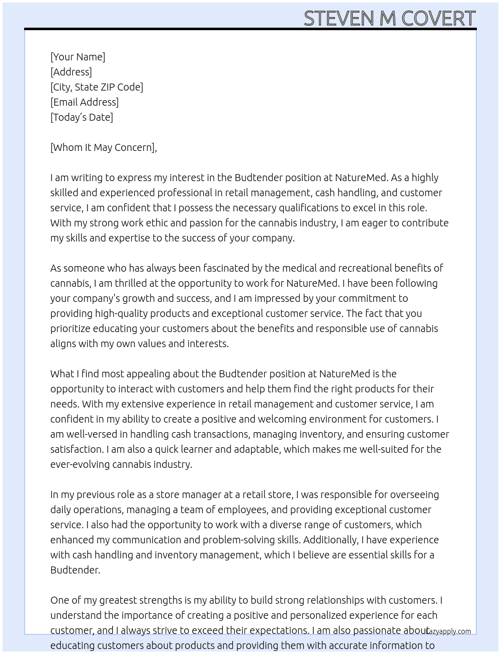 Budtender At NatureMed Cover Letter