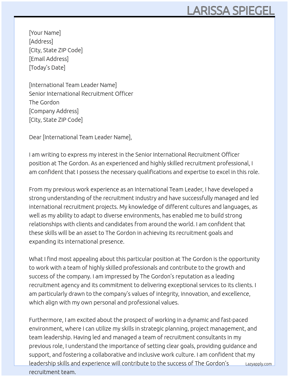 Senior International Recruitment Officer At The Gordon Cover Letter