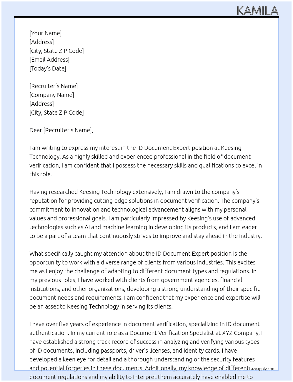 ID Document Expert At kEESING TECHNOLOGY Cover Letter
