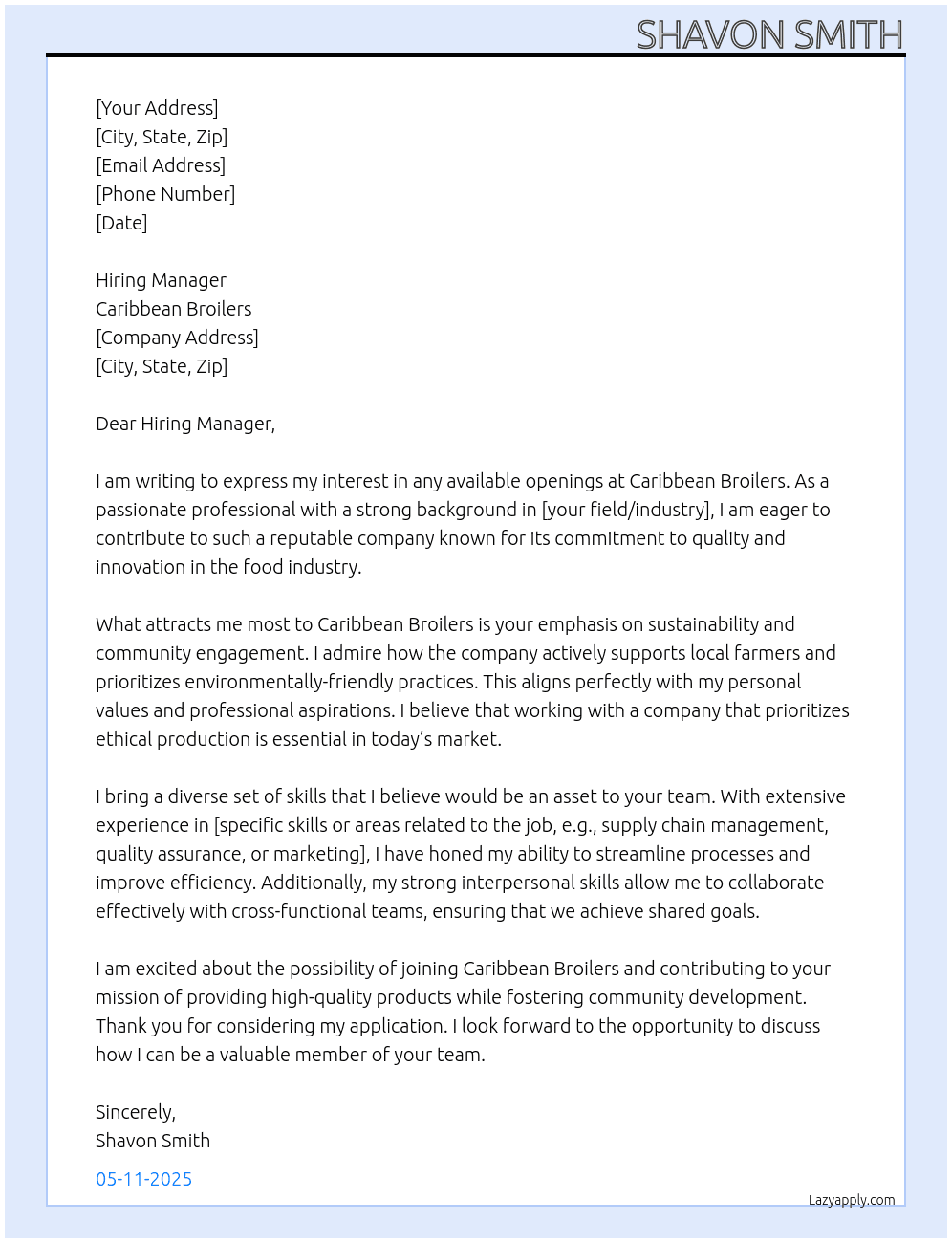 Any available openeings At Caribbean Broilers Cover Letter