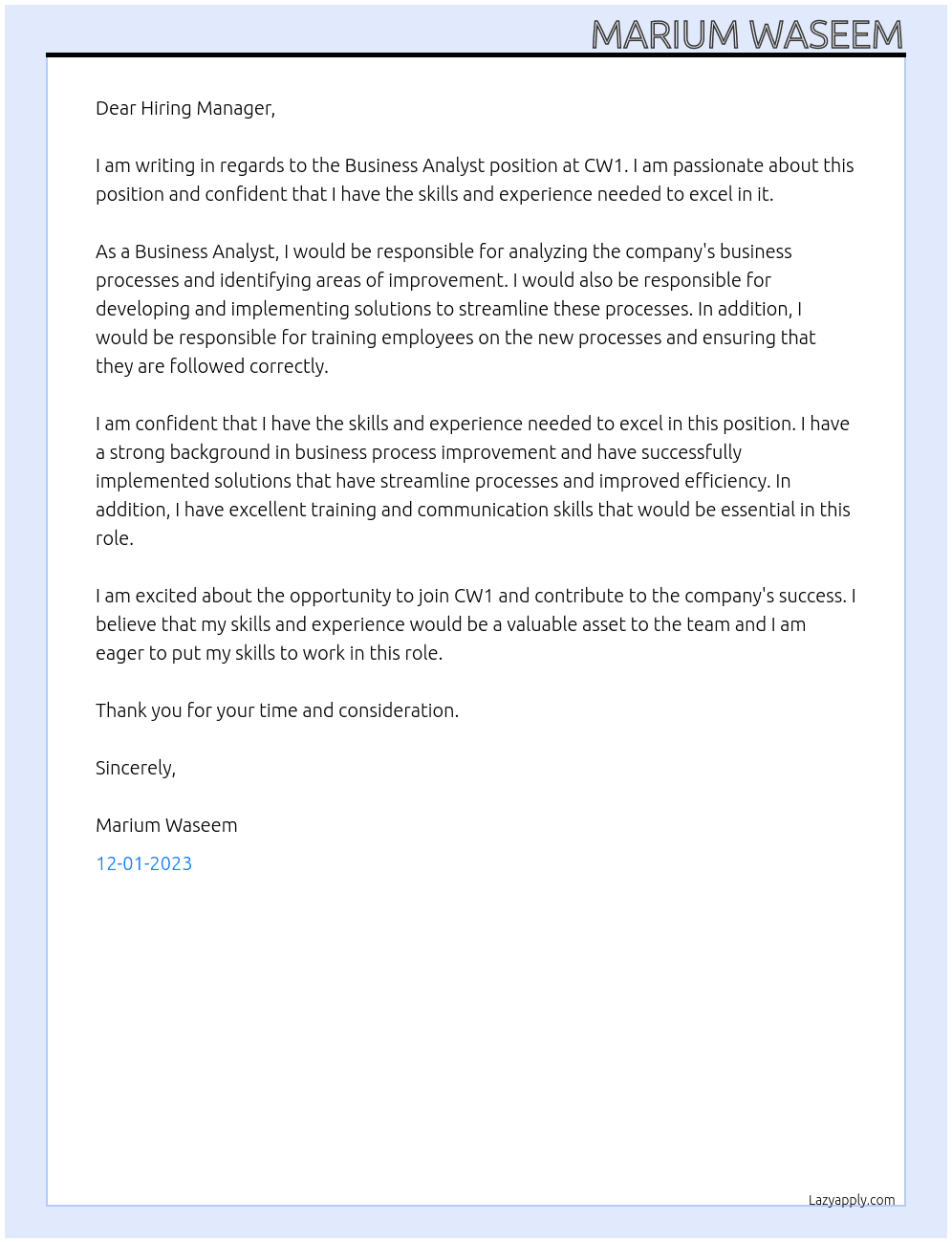 Business Analyst  At CW1 Cover Letter