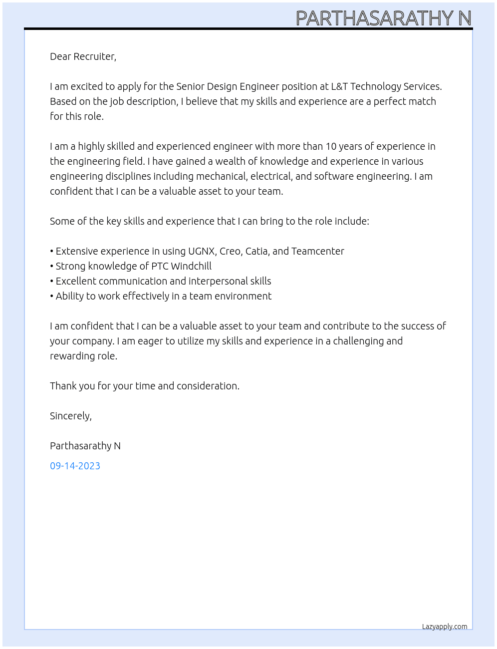 Senior Design engineer  At L&T Technology Services  Cover Letter