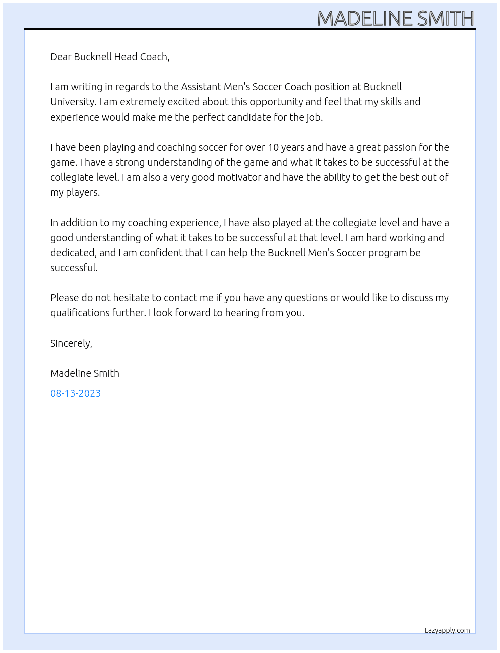 Assistant Men's Soccer Coach At Bucknell University Cover Letter