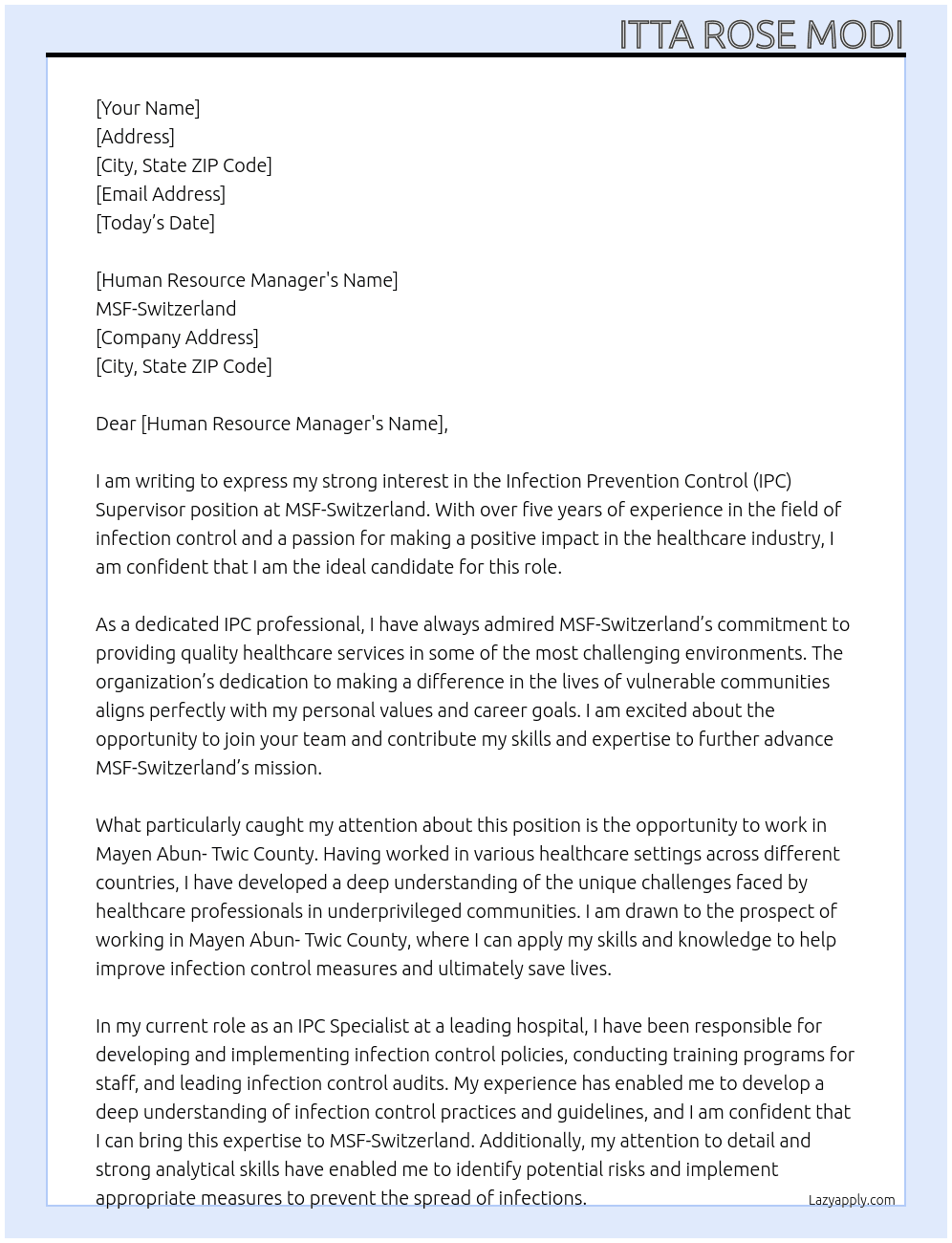 Infection Prevention Control  (IPC) S upervisor At MSF-Switzerland Cover Letter