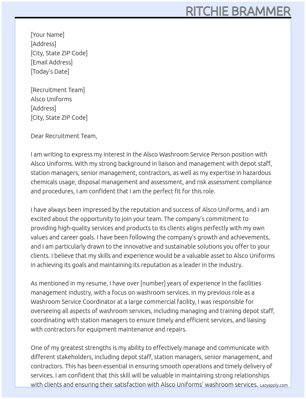 Alsco Washroom Service Person At Alsco Uniforms Cover Letter