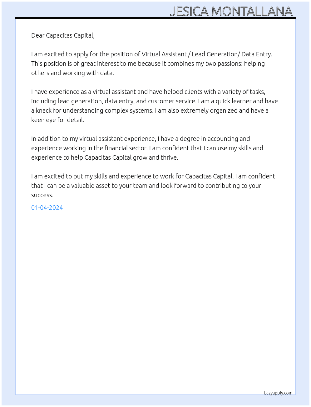 Virtual assistant / Lead Generation/ data Entry  At Capacitas Capital  Cover Letter