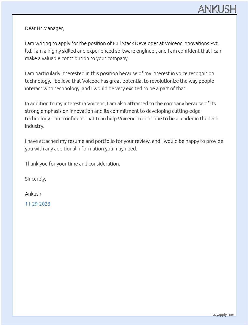 Full Stack Developer  At Voiceoc Innovations Pvt. ltd. Cover Letter