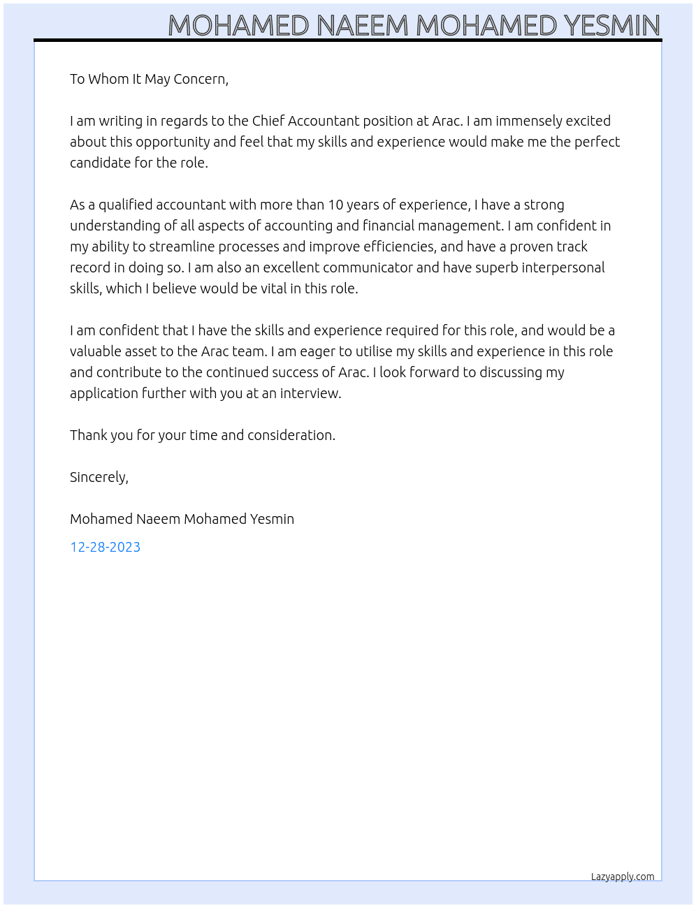 Chief Accountant At Arac Cover Letter