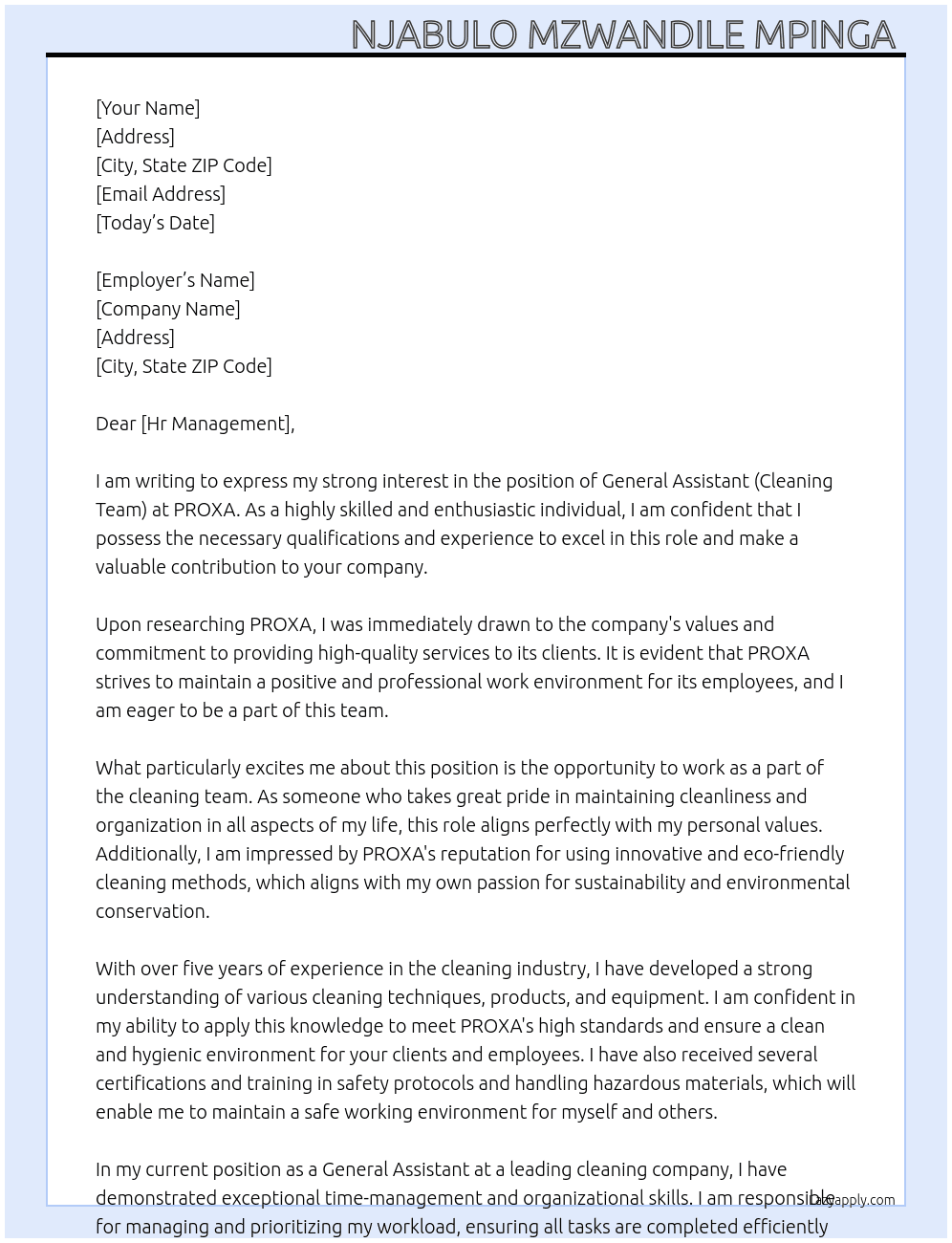 General Assistant (Cleaning Team) At PROXA Cover Letter