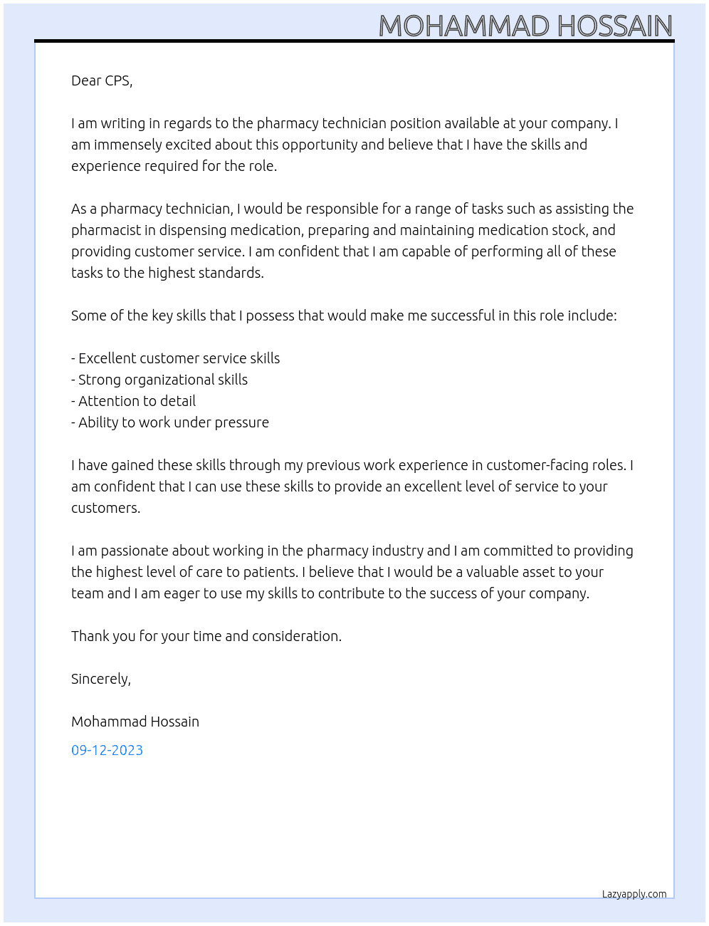 pharmacy tech At CPS Cover Letter