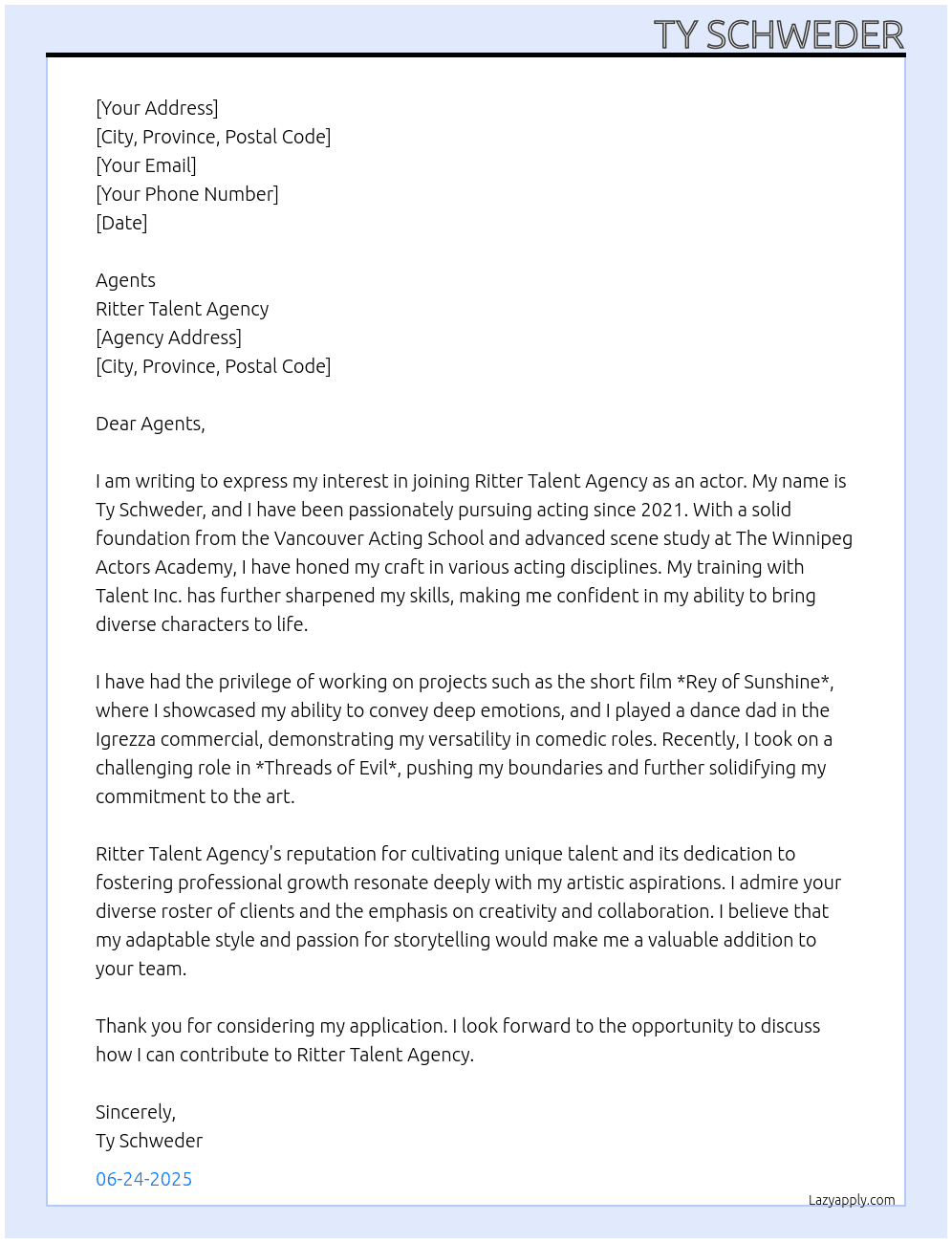 Actor At Ritter Talen Agency Cover Letter