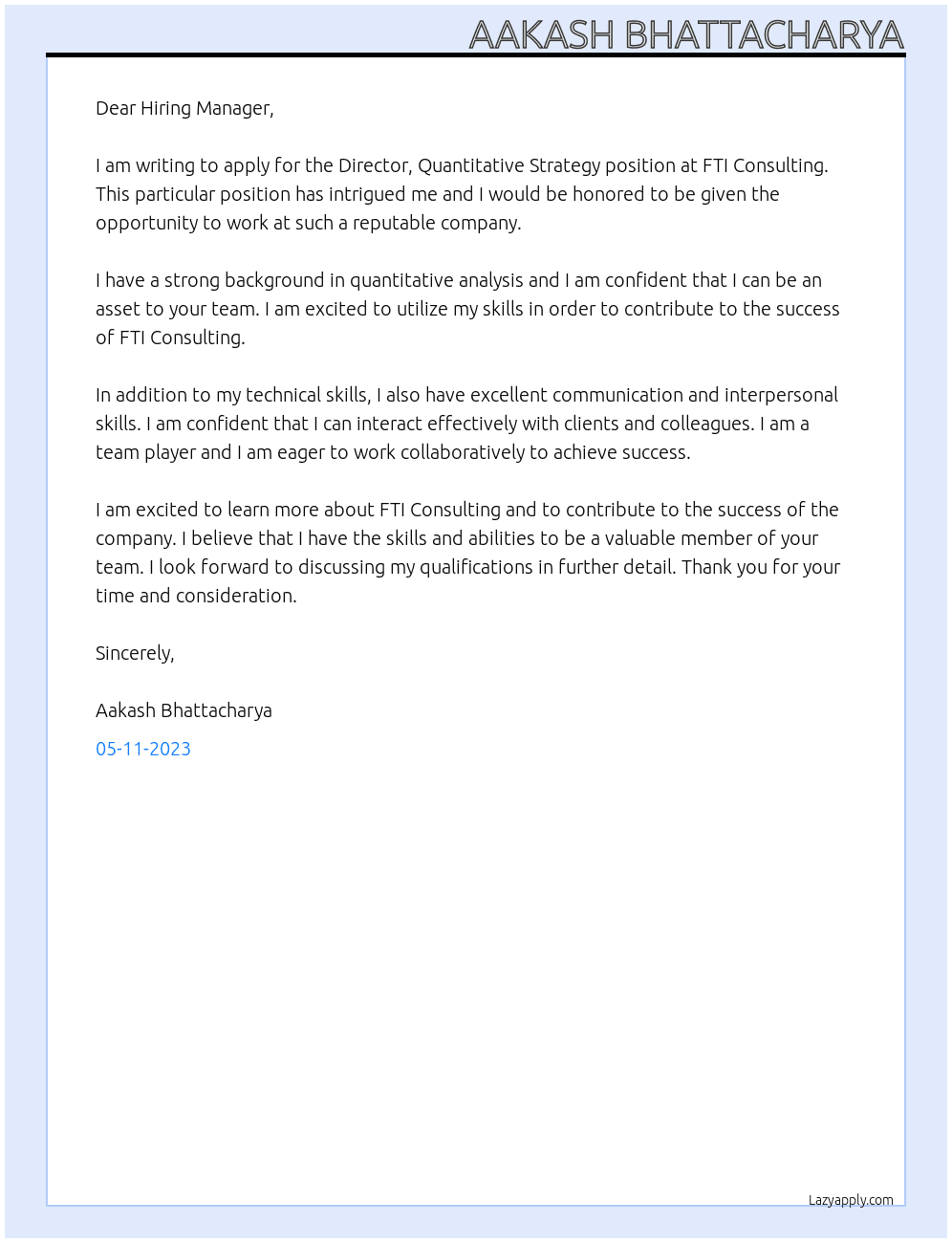 Director, Quantitative Strategy At FTI Consulting Cover Letter